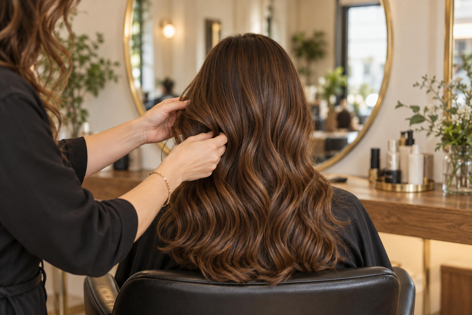 AI-generated illustrative salon scene with a stylist arranging long wavy hair.